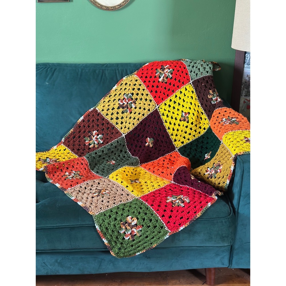 Vintage Handmade Crochet Granny Square Afghan Throw Blanket Autumn Colors Boho